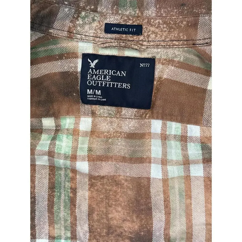 Upcycled Distressed Flannel Brown and Beige Plaid Button-Up Shirt Size Medium - Picture 6 of 8